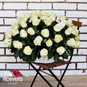 Basket of 51 ecru or white roses