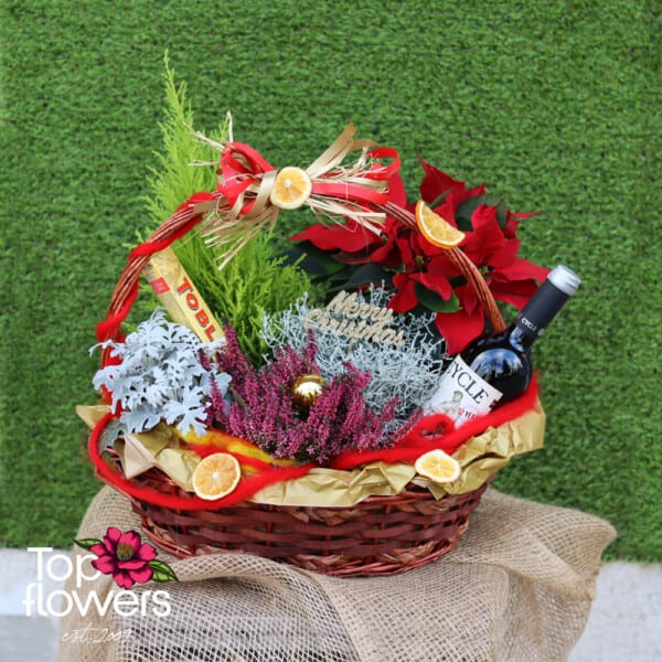 Christmas basket with live plants and sweet delight | Cypress