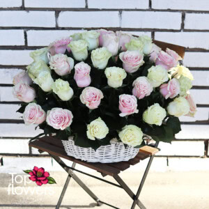 51 White and Pink Roses | Basket